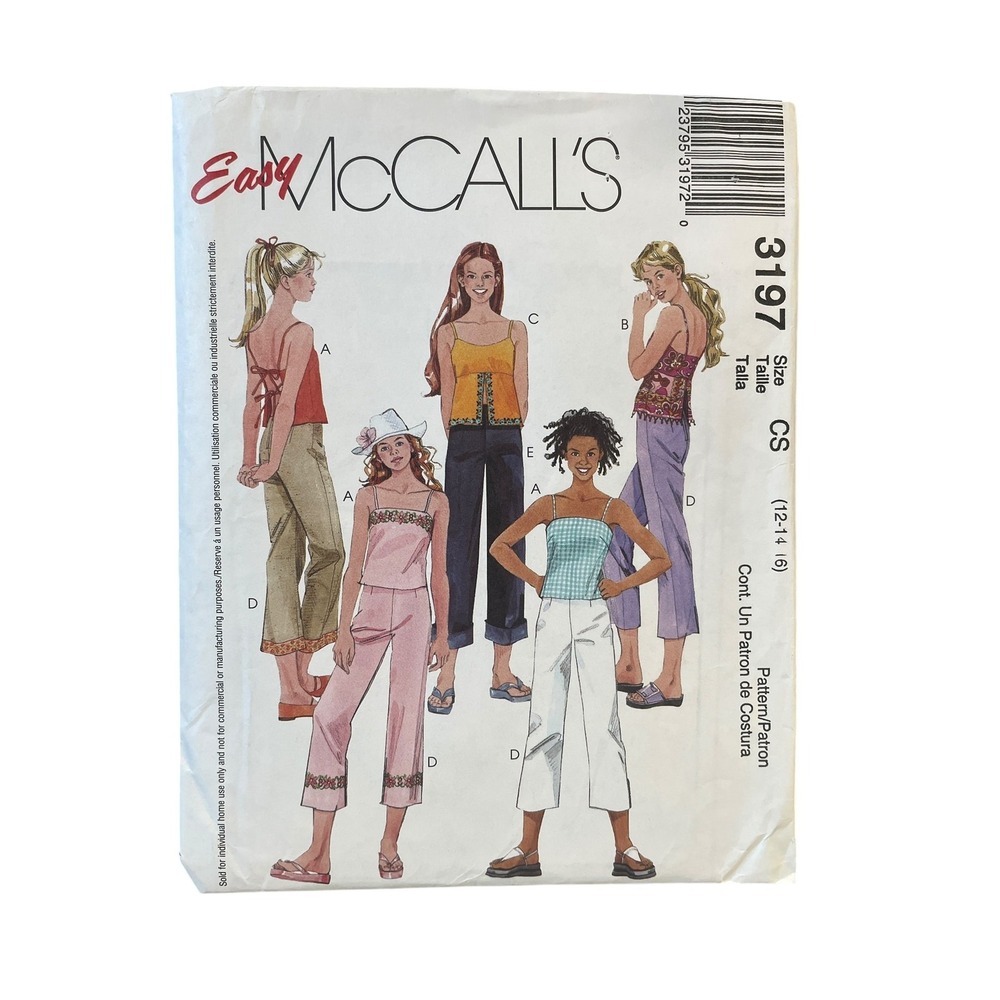 McCall's Sewing Pattern Girls 12-16 3197 Lined Tops Cropped Pants Y2K Easy